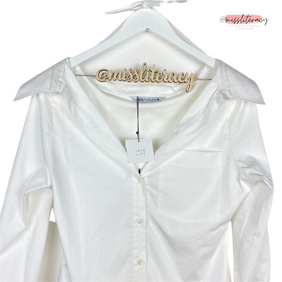 🆕 NWT ZARA Women’s Minimalist Wide Neck Off-Shoulder Collared Button Blouse SM - Picture 3 of 12